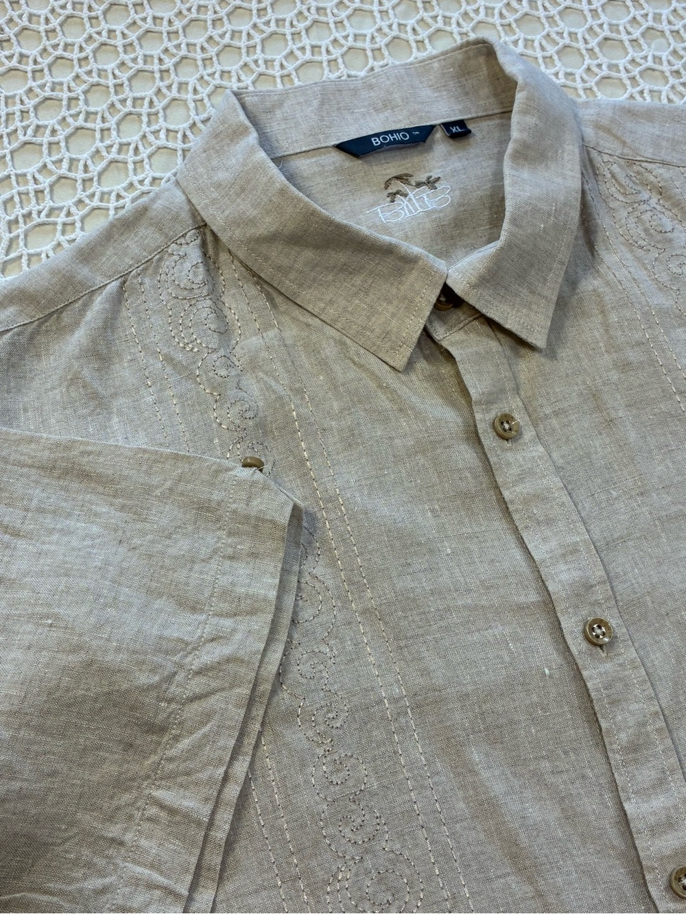 Bohio Shirt Men XLarge Beige Button Up 100%  Linen Embroidered Lightweight